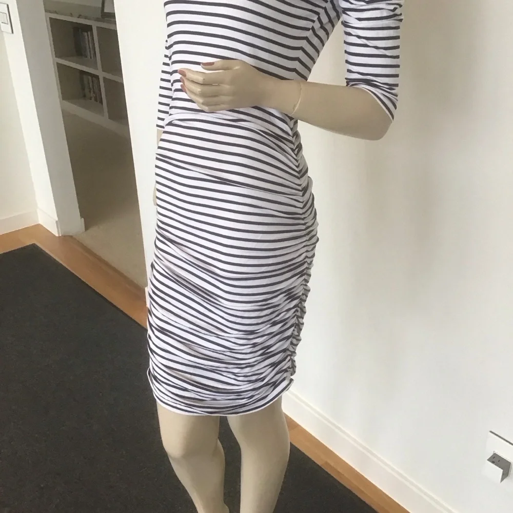 Mott50 Faith Bodycon Navy White Striped Bamboo Sun Protect SPF 50 Ruched Dress S